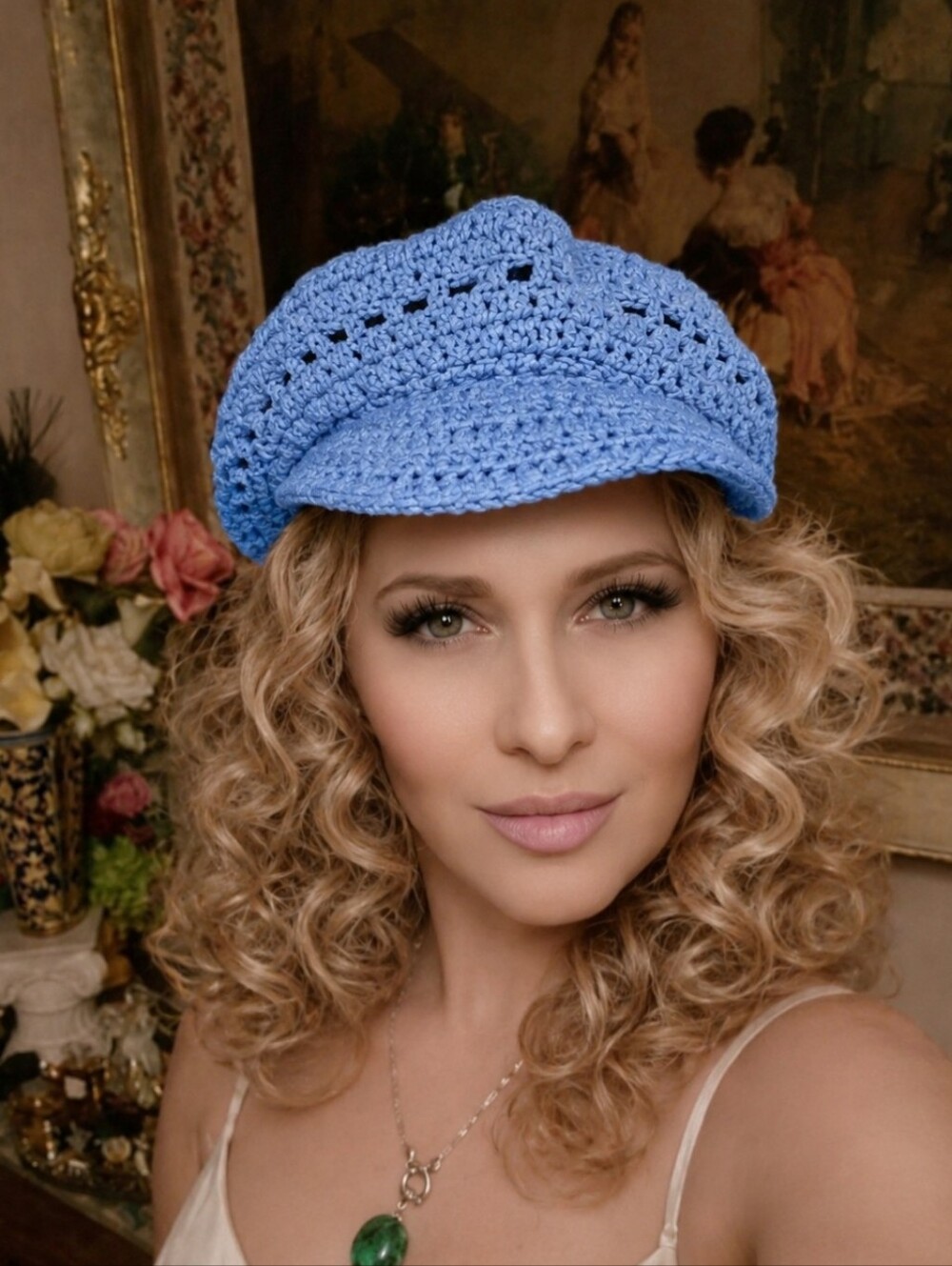 Vintage 70s Blue Crochet Newsboy Hat Boho Mod Cap